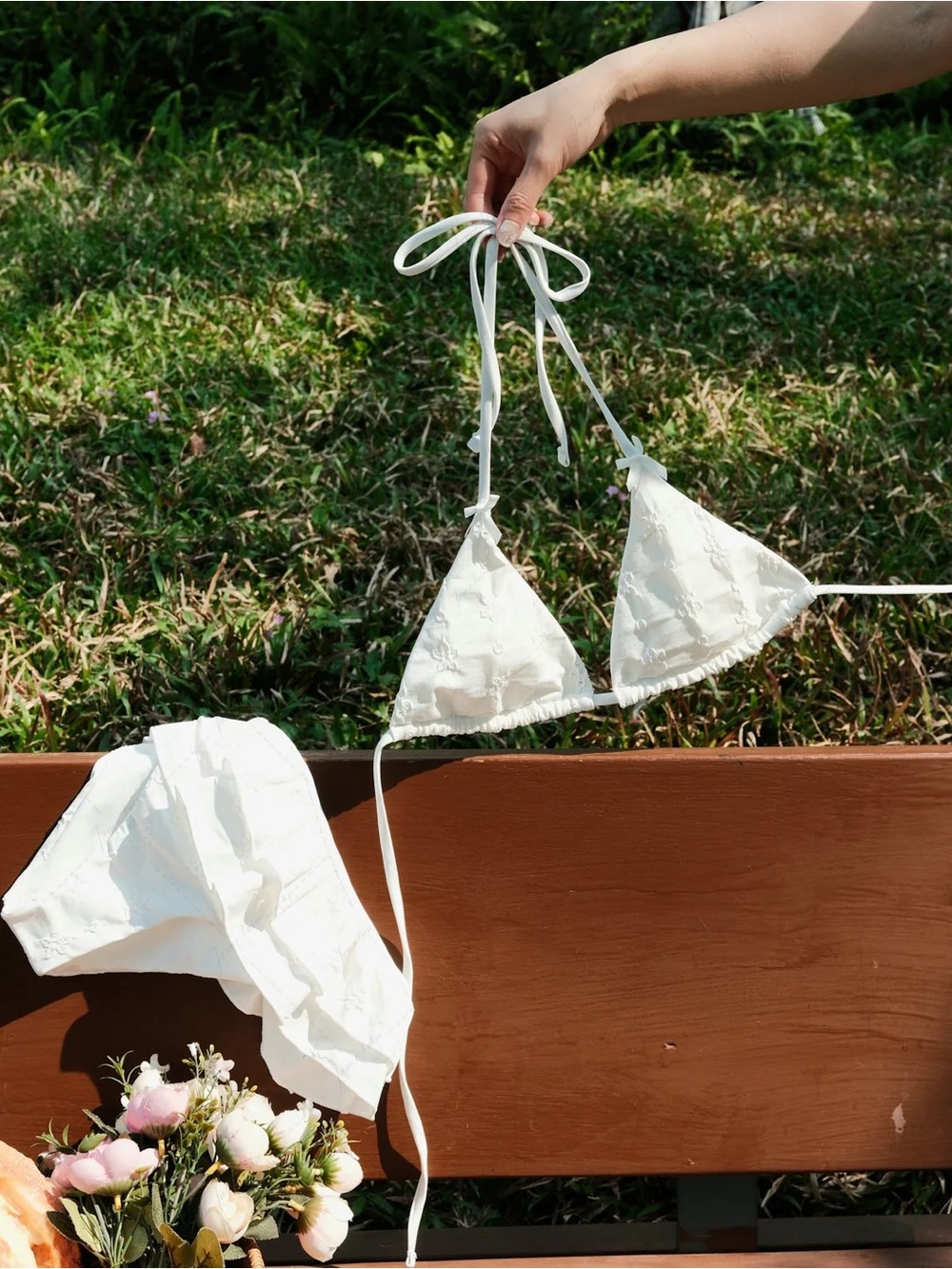 SeaMolly White Embroidered Ruffle Triangle Bikini